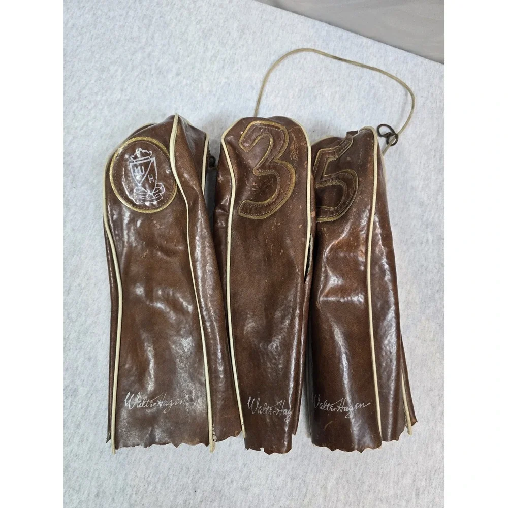 Vintage Walter Hagen Set Of 4 Leather Golf Club Head Covers Marked 3 5 & Signate